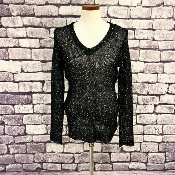 Questions Pullover V-Neck Black W/ Sequins Pullover Sweater Size M - Picture 1 of 9